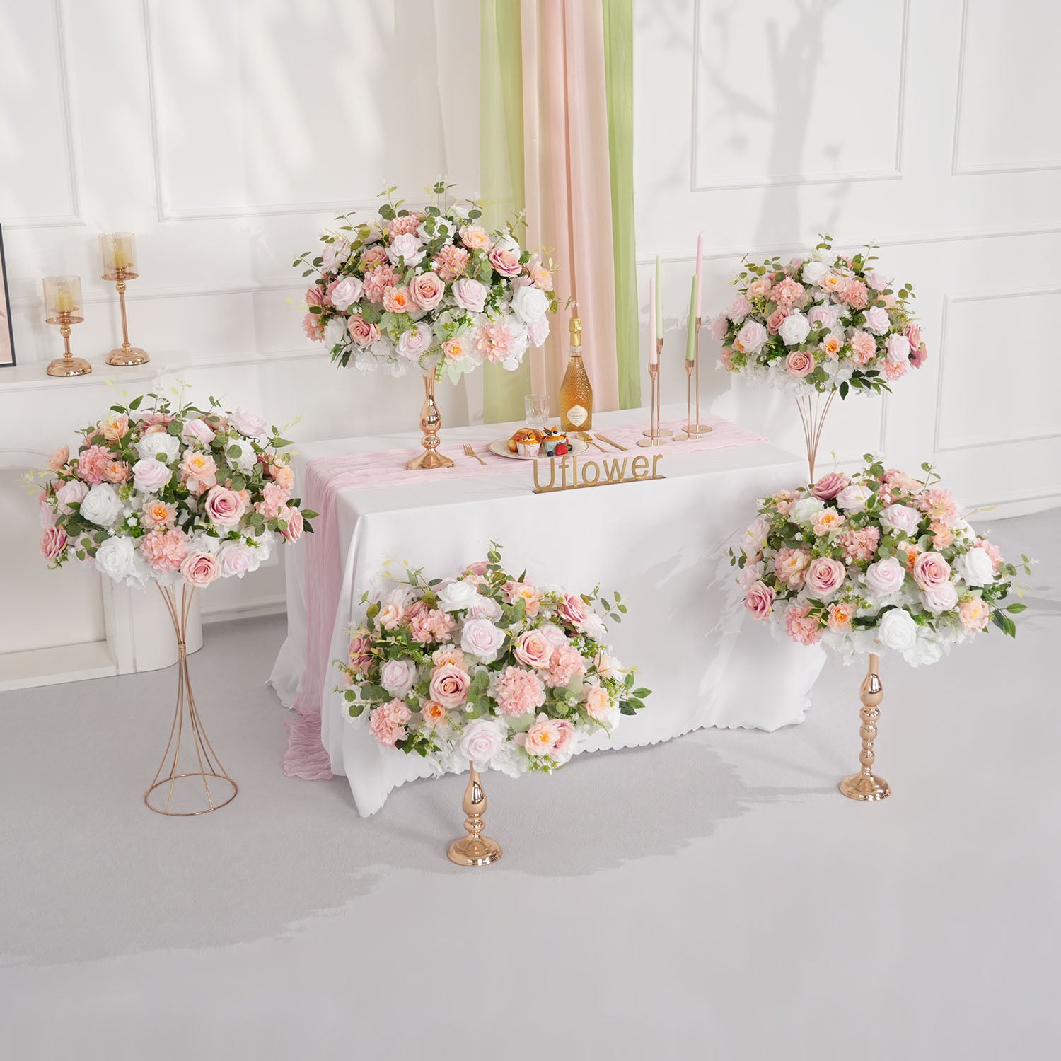 Uflower Pink White Rose Green Leaf Table Centerpieces Floral Ball Wedding Decoration